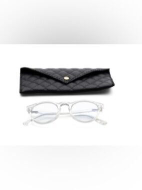 Clear Round Blue Light Blocking Glasses with Black Quilted Case +1.50